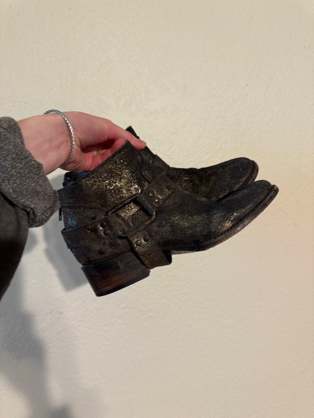 Freebird Black Metallic Leather Ankle Harness Boots